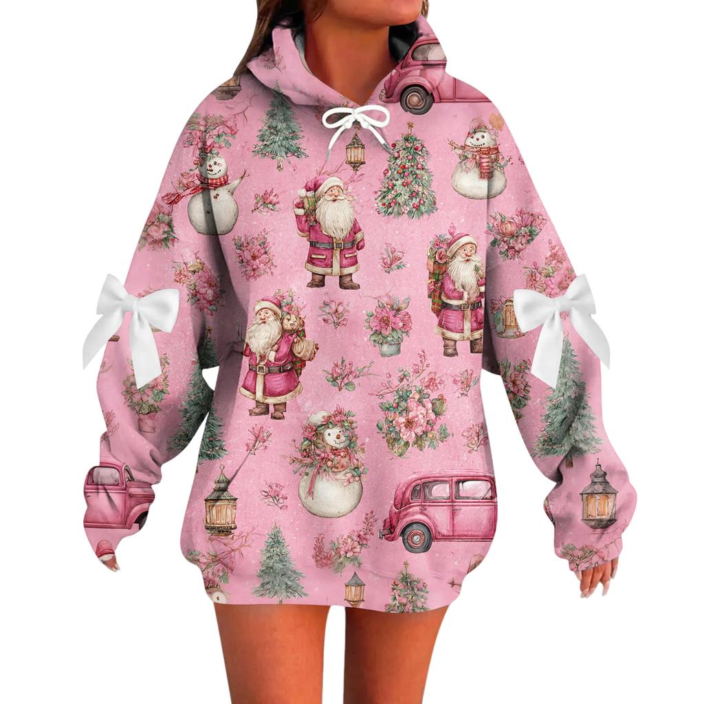 Ladies' Christmas Printed Bow Long Sleeved Loose Fitting Headband With Rope Hooded Sweatshirt Top