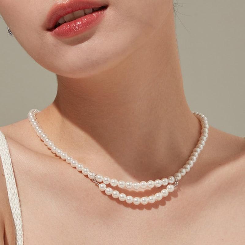 Tirr Lirr Tizen Maximize Shell Pearl 6mm Point Double Row Silver-White Bead Necklace TNSSVW14036M