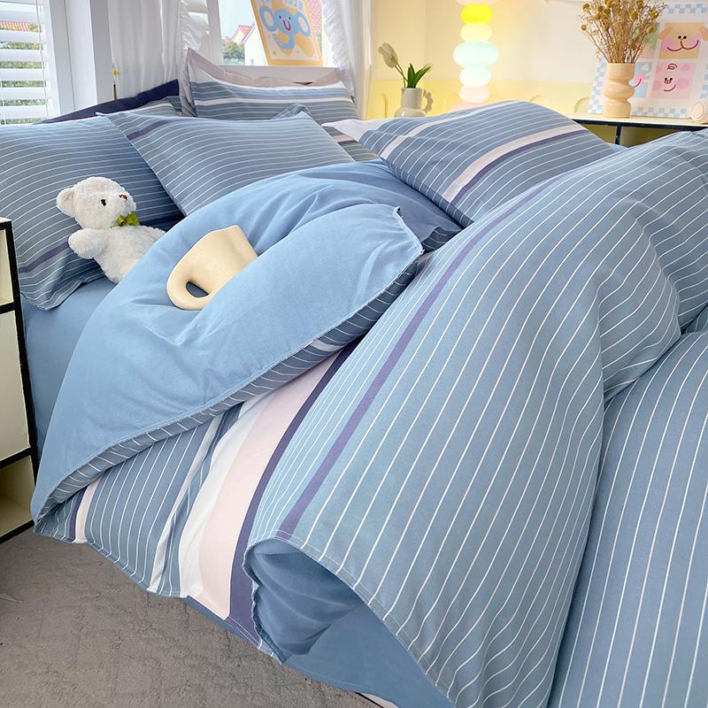 Soft Color Block Checkered Bedding Set Comfy 100% Washed Cotton Blue Plaid Duvet Cover Set King Queen Size Comforter Cover Sheet