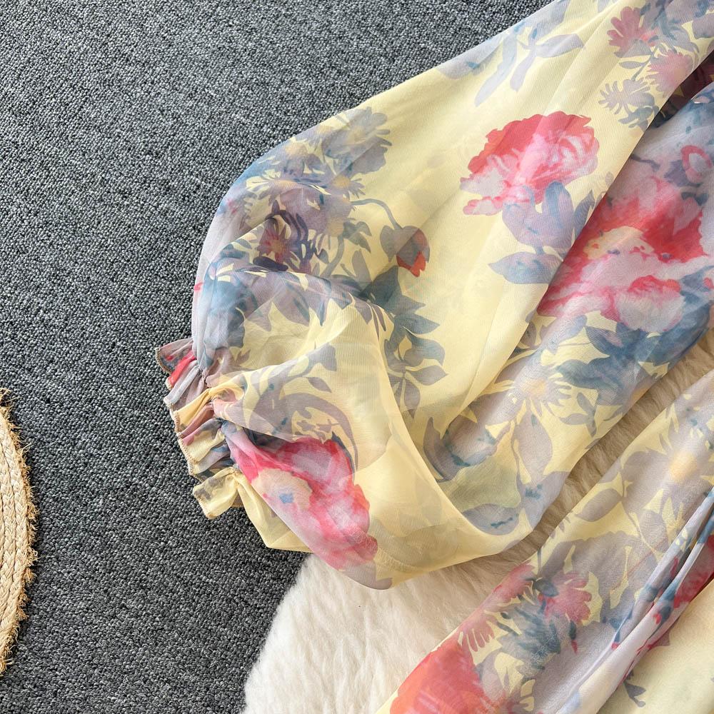 RUGOD Vacation Style Deep V-neck Lantern Sleeves Pleated Long Dress Early Spring Gentle Style Tea Break French Oil Painting Dress