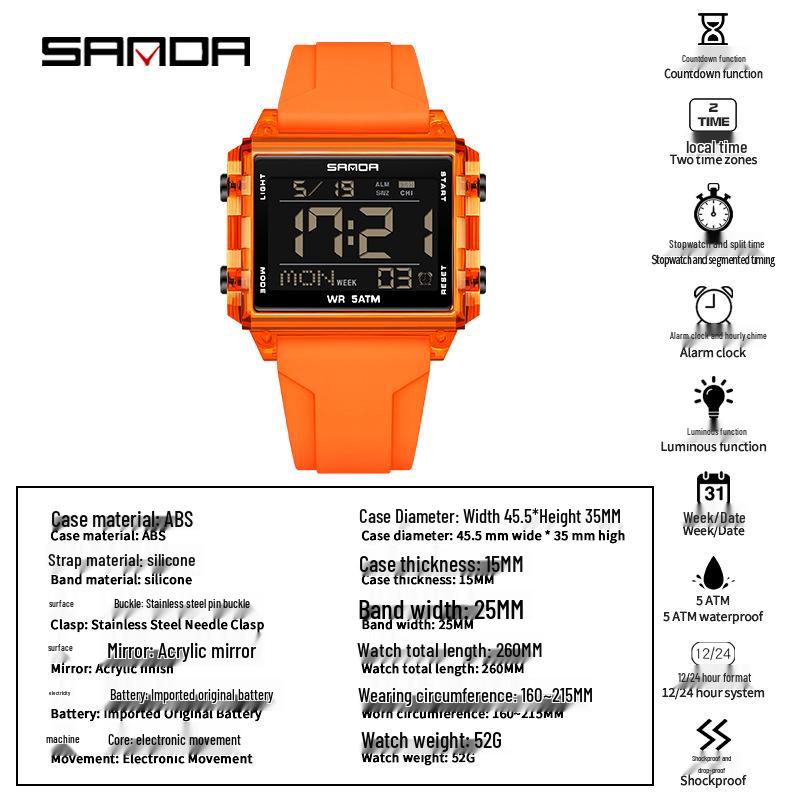 Sanda Waterproof Luminous Sports Watch: Square, Transparent Timer for Students