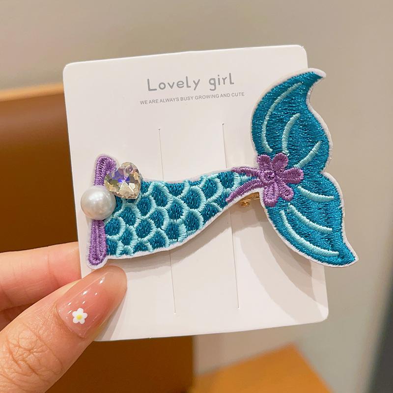Girls New Side Clip Children's Sweet Bangs Clip Girl Baby Cute Embroidered Mermaid Style Line Up Performance Hair Card Headwear