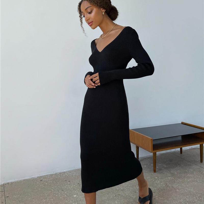 French Style Backless Women Party Dresses 2023 Autumn Vintage V Neck Slim Fit Winter Elegant Female Knitted Long Dress 29295