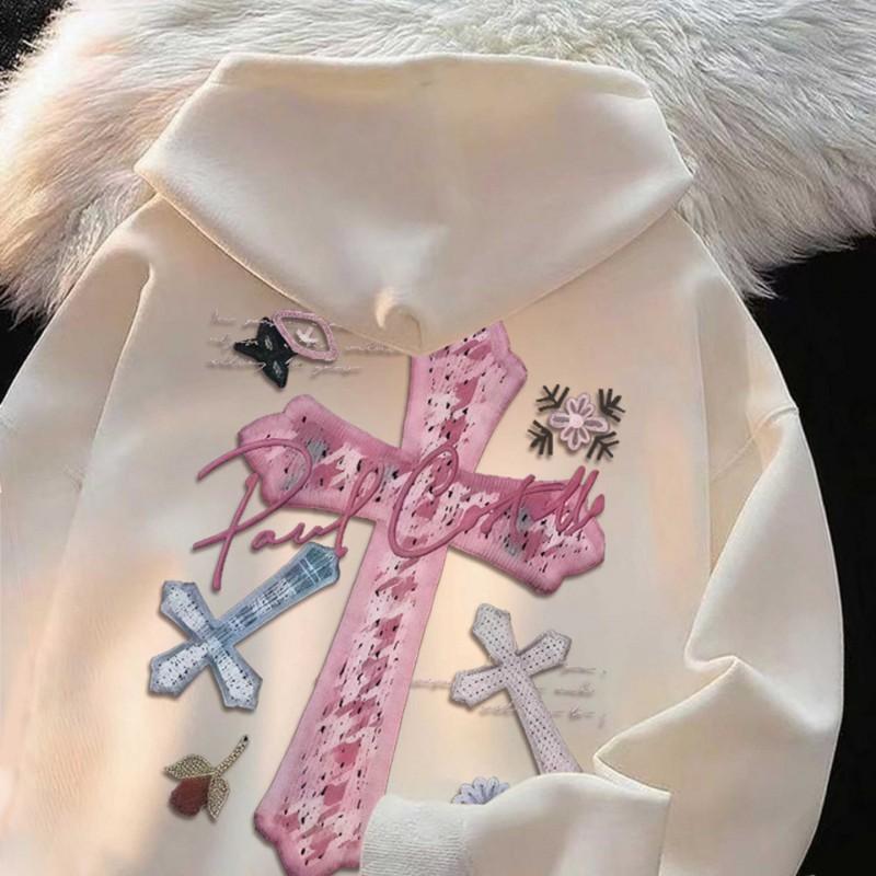 Gothic Pink Cross Print Hoodie Oversized