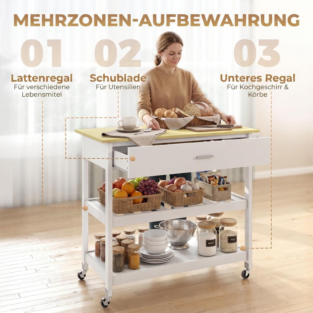 Kitchen Trolley on Wheels, Worktop, Drawer, Shelves, Towel Rack, White