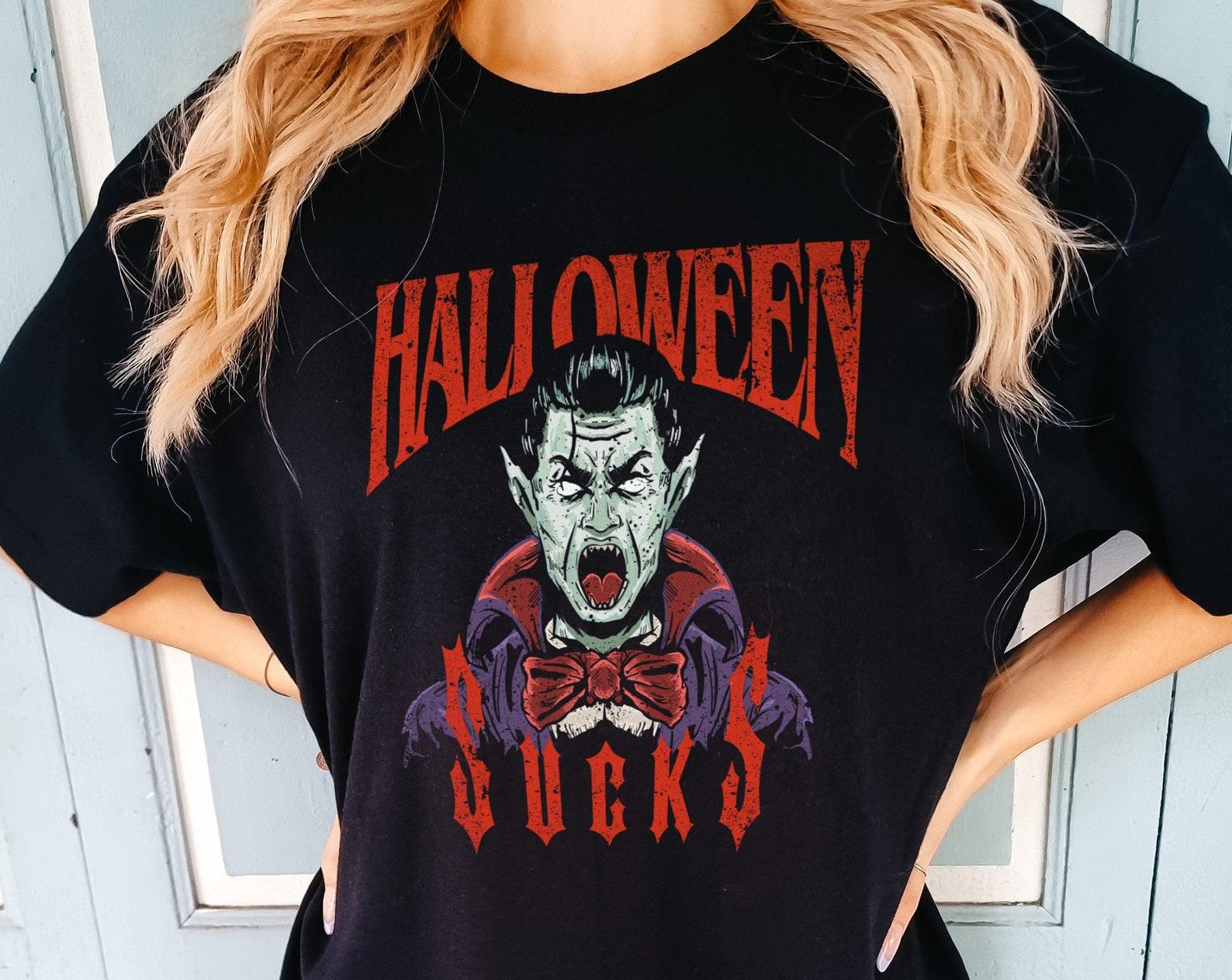 Halloween Sucks Vintage T-Shirt, Distressed Vampire Movie Poster (Unisex XS-6XL, Black Cotton) M