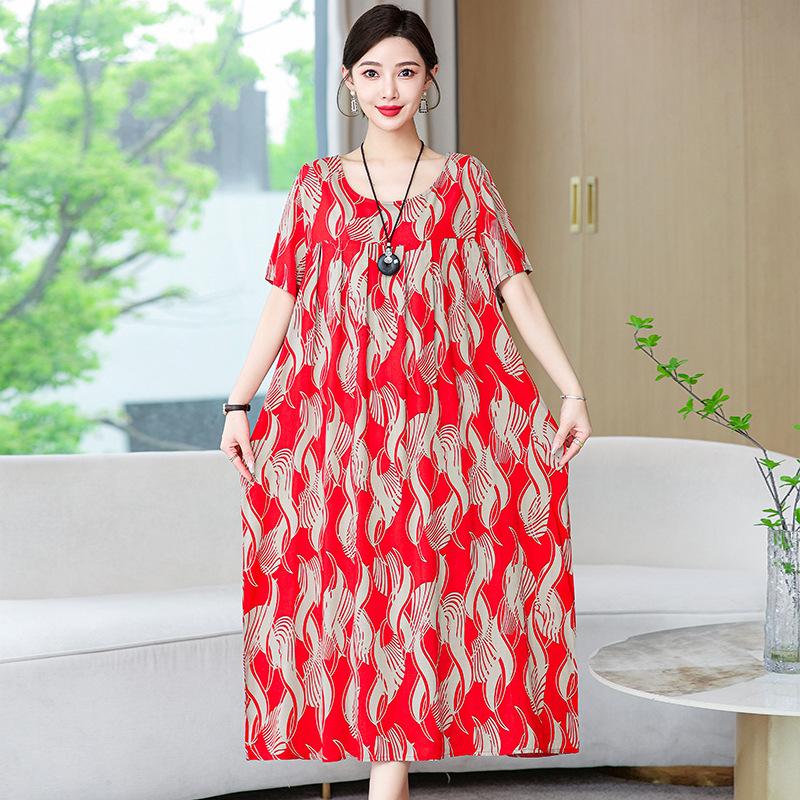 Cotton Silk Dress Women's Summer Large Size Temperament Loose Printing Casual Cotton and Linen Long Skirt