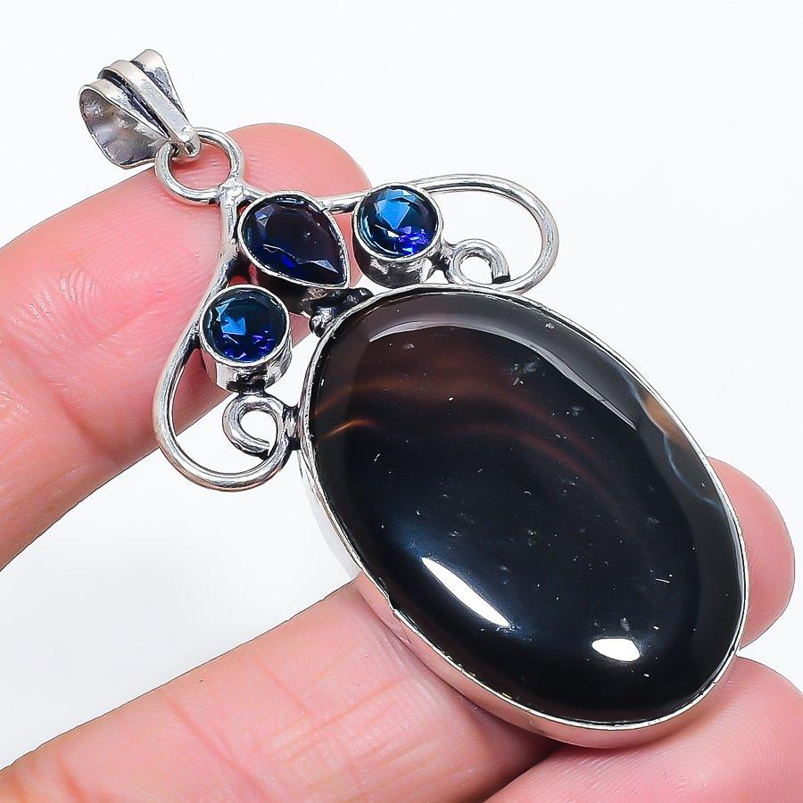 Natural Banded Agate, Topaz 925 Sterling Silver Jewelry Pendant 2.64" v2H45