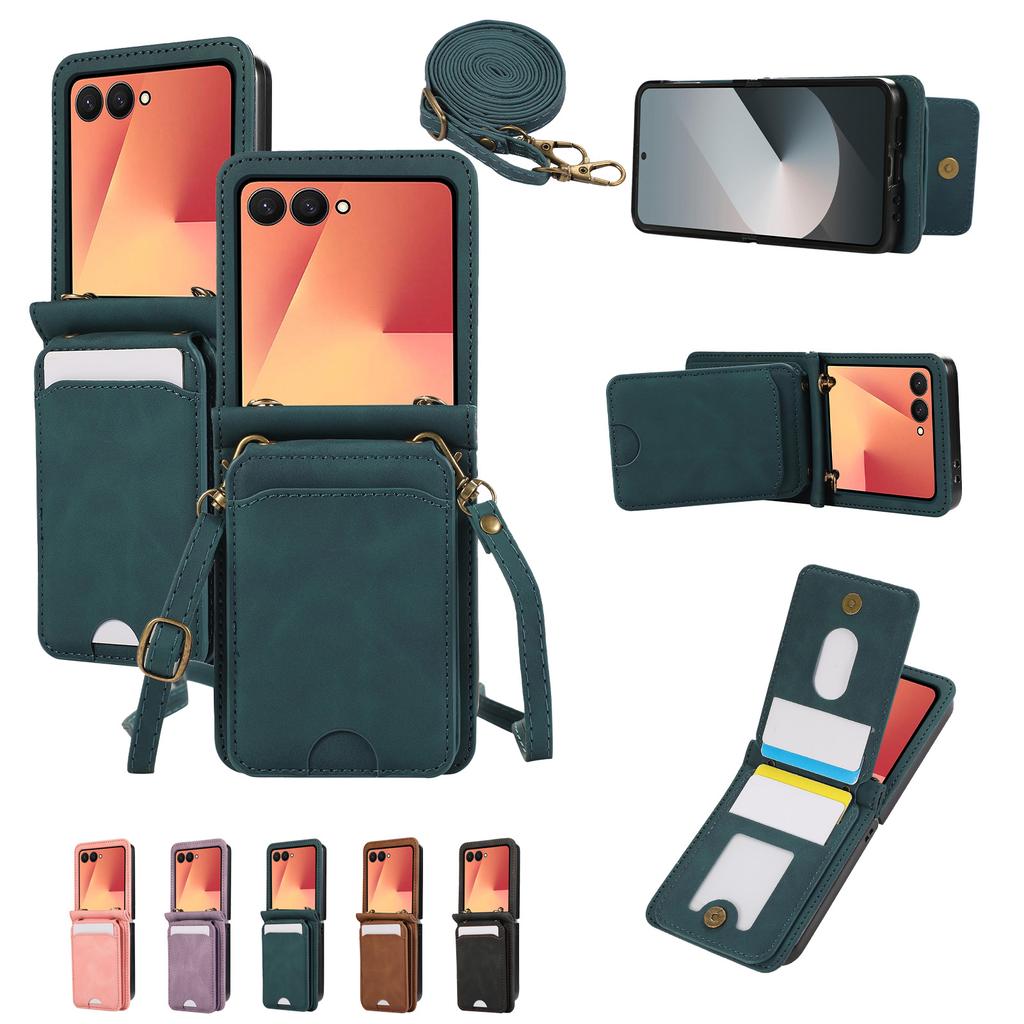 Leather Wallet Card Holder Case for Samsung Galaxy Z Flip 7 FE 6 5 4 3 ZFlip Flip6 Flip5 Flip4 Flip3 Crossbody Lanyard Bag Cover