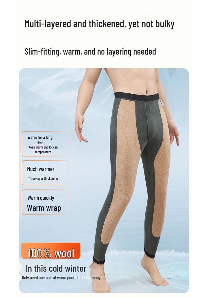 Men's Wool Camel Hair Long Leg Warmers with Knee Pads, Thickened Plus Velvet Cotton Layer, Women's Black Base Layer Pants for Autumn