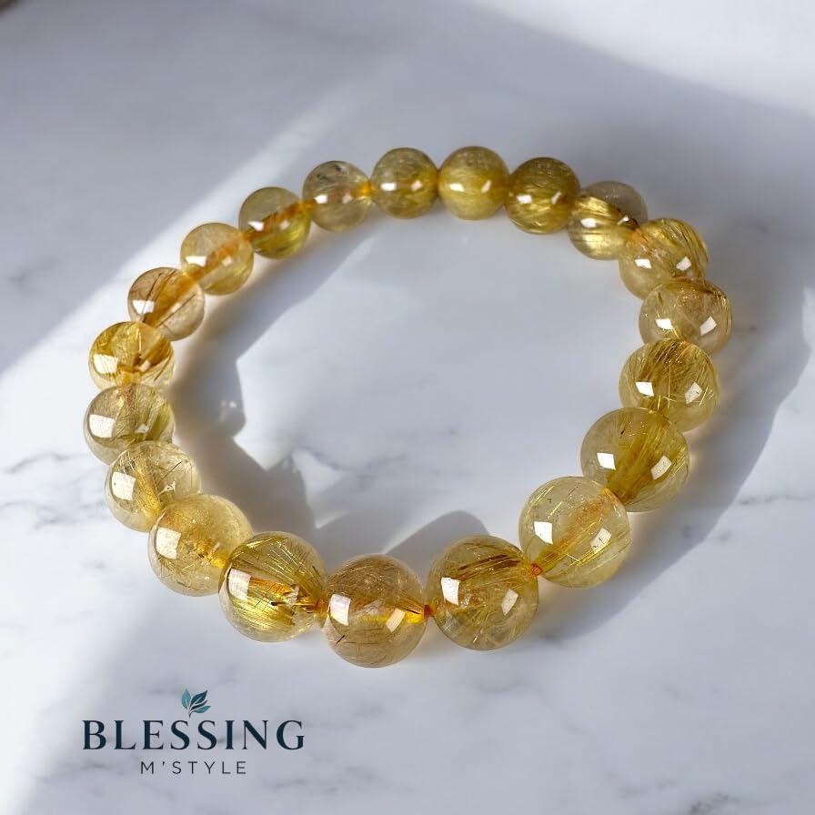 Women's Gold Power Stone Bracelet with Natural Rutilated Quartz Stone, 10mm, Good Luck and Wealth, Includes Brand Logo Drawstring Bag