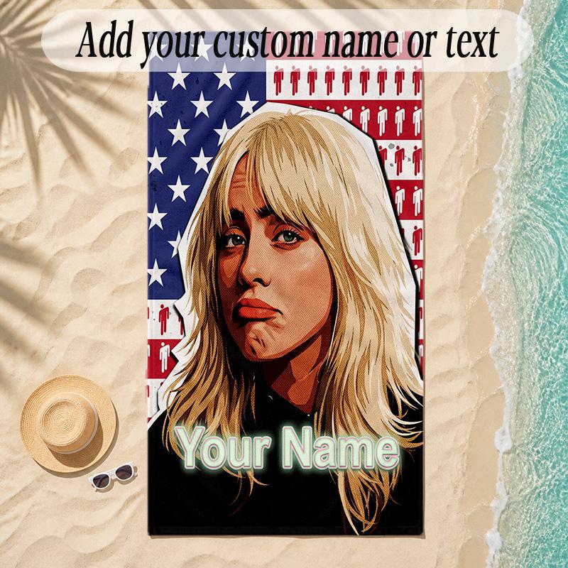 Beach TowelBillie Eilish Custom Name Text Personalized Soft Towel for Beach Pool Indoor Home Decor Gift
