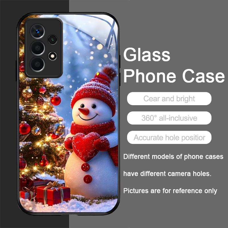 Cute Winter Snowman Christmas Tree Pattern Tempered Glass Phone Case for Samsung Galaxy A56 A55 A54 A53 A52 A36 A14 A15 5G Cover