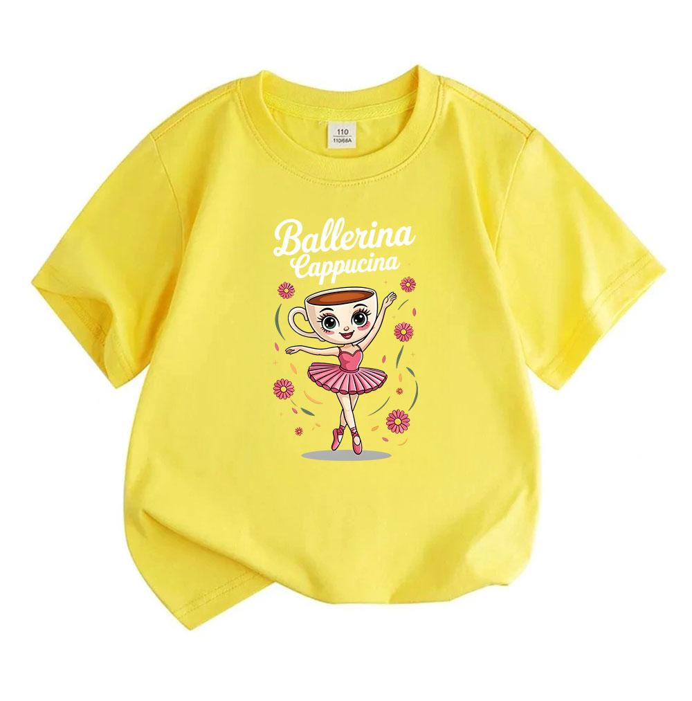Kids Unisex 100% Cotton Crew Neck Short Sleeve T-Shirt, Cute Ballerina Cappuccina Coffee Cup Ballet Dancer Print Casual Soft Tee for Boys Girls