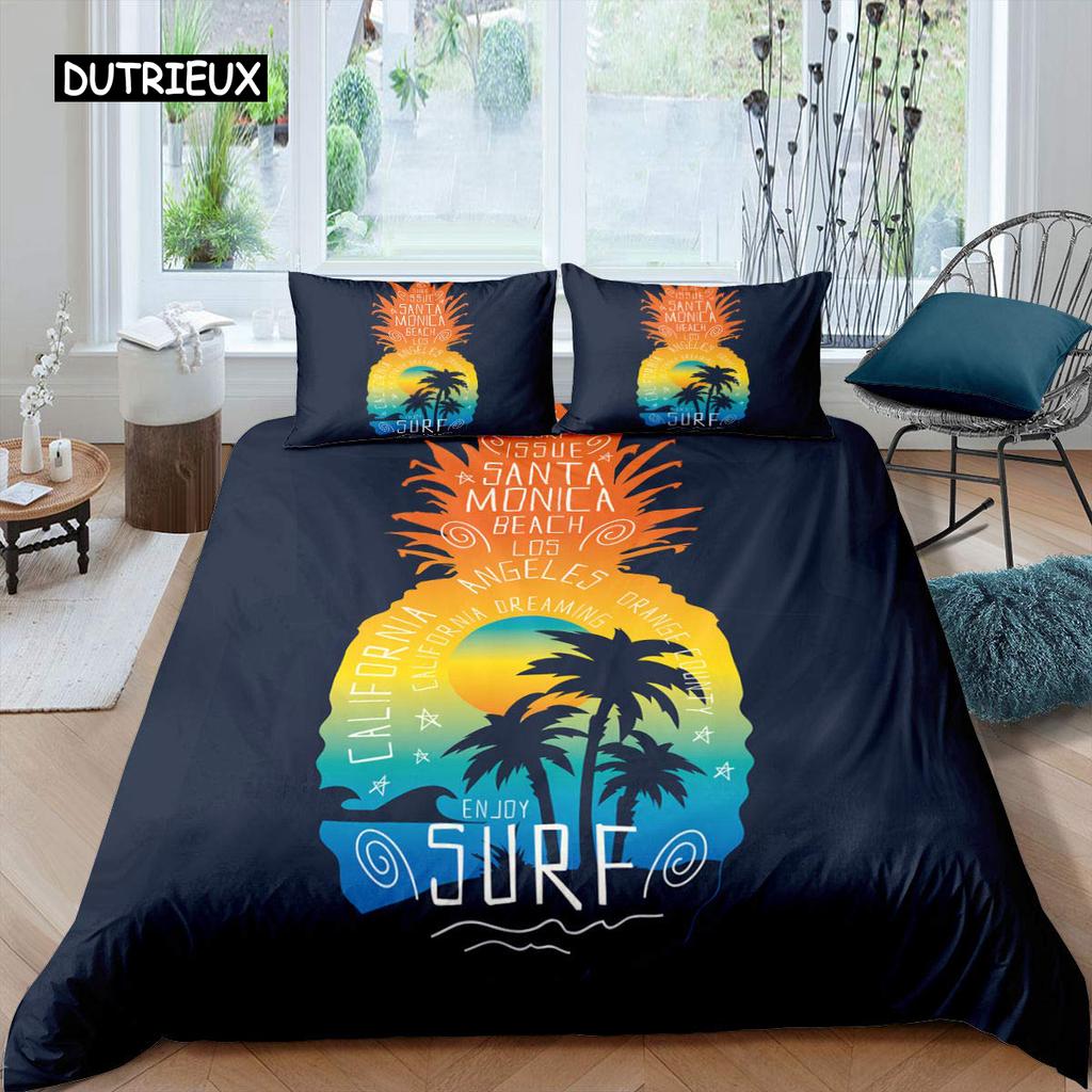 Zestaw Poszwy na Kołdrę Ananas Rozmiar King Żółty Geometryczny Zestaw Pościeli Ananas Motyw Nadmorski Plażowy Poszwa na Kołdrę z Nadrukiem Owoców