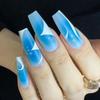 Redykat 24PCS Blue Matte Coffin Press On Nails, White Stripe Extra Long Acrylic False Nails, Salon Quality Nail Art, Home Quick Manicure (Blue