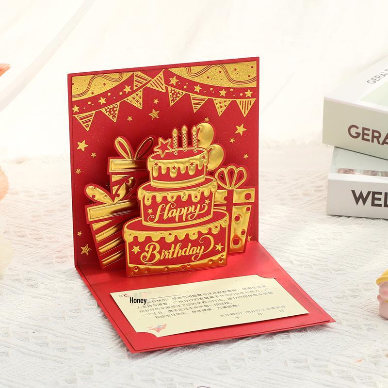 3D Pop-up Birthday Card with Red Envelope & Gold Cake Design - Handmade Paper Cut Blessing