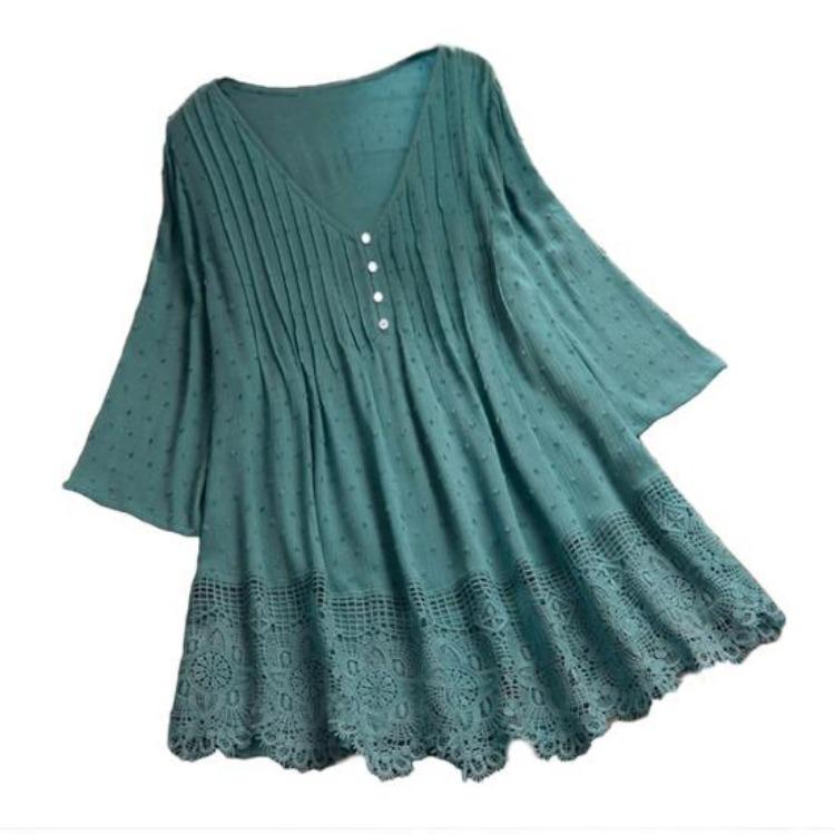 Floral Lace Hem Blouse Women Half Sleeve Hollow Out Stitching Buttons Decor