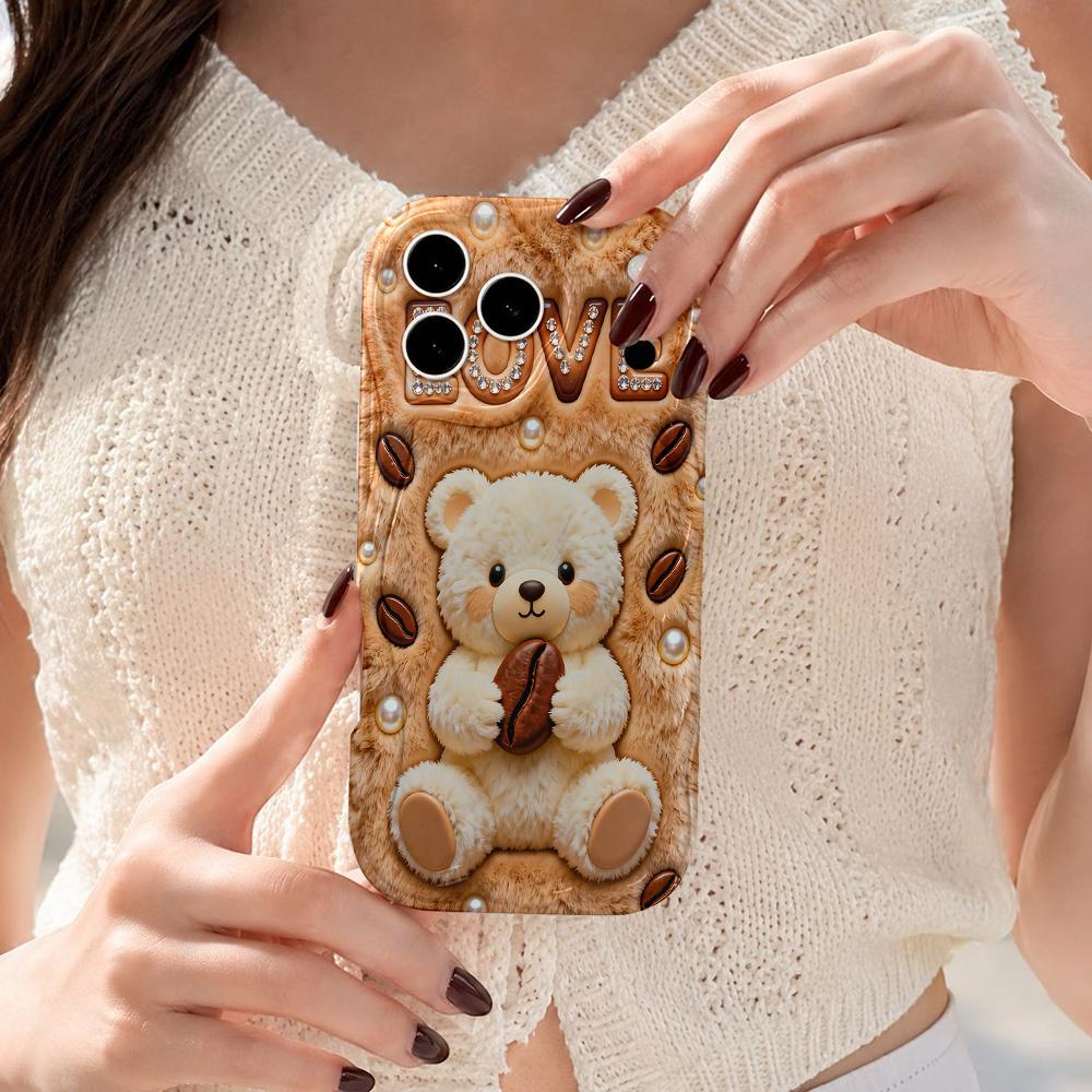 Teddy Bear Coffee Bean LOVE Rhinestone Wavy Edge Phone Case For iPhone 16 15 14 Pro Max 13 12 11 Mini XR XS SE 2020 7 8 Plus Air Cover
