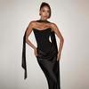 European Waist-Cinched Solid Color Strapless Satin Bodycon Dress with Lace-Up Ribbon
