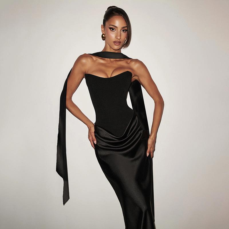 European Waist-Cinched Solid Color Strapless Satin Bodycon Dress with Lace-Up Ribbon