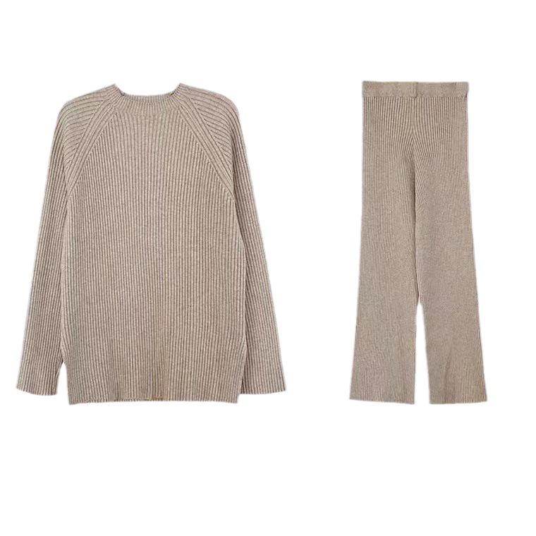 2025 Spring Elegant Solid Color Knit Sweater & Wide-Leg Pants Two-Piece Set for Women