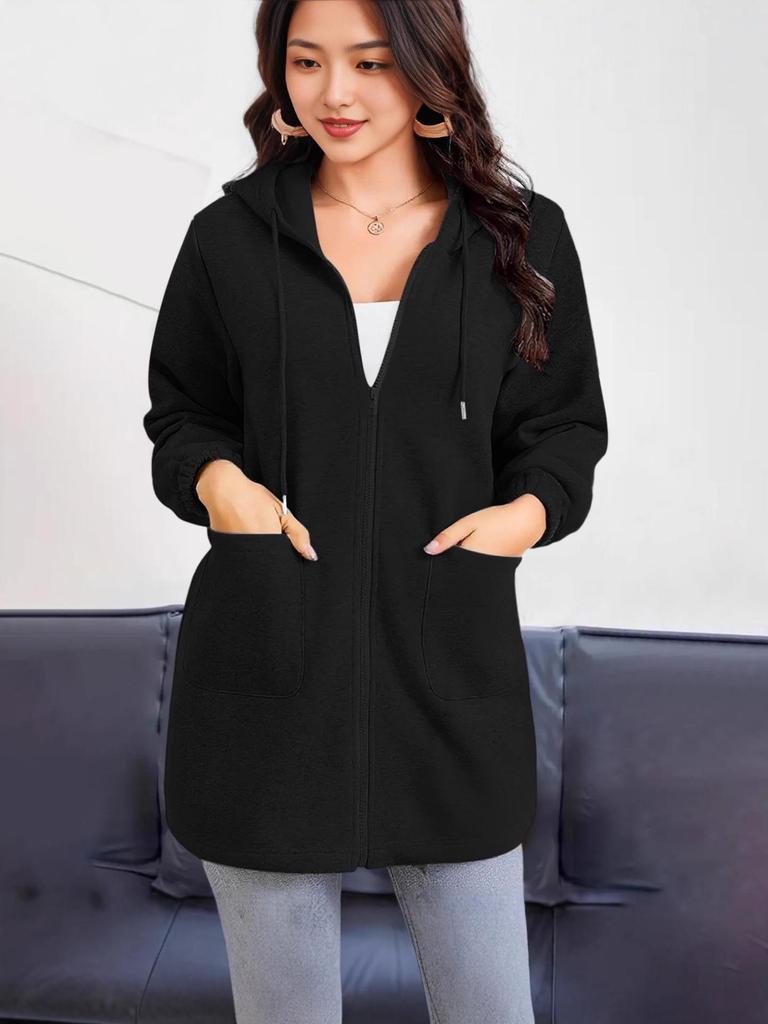 2025 Women's European & American Casual Hooded Long Jacket with Zip Pockets