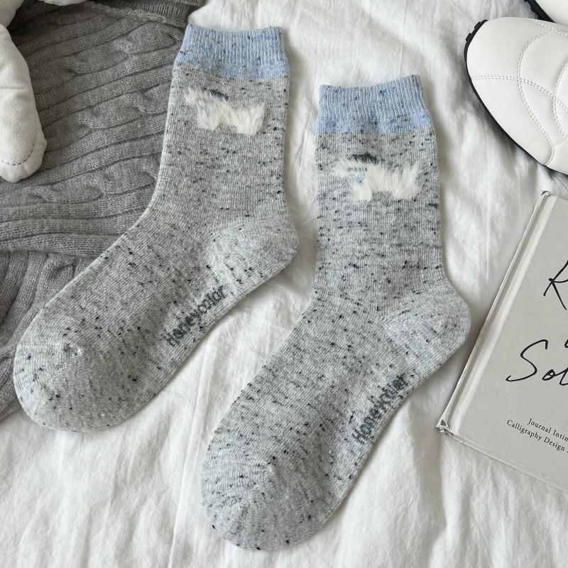 Gray-Blue Wool Socks Children'S Warm Ideas Yarn Twist Medium Tube Socks Fleece Thickened Winter Confinement Socks