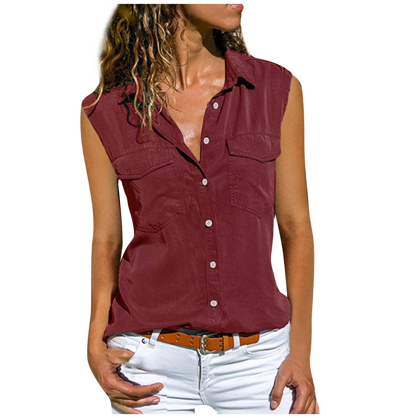 

Жіноча повсякденна однотонна одноколірна сорочка без рукавів з кишенями L винний