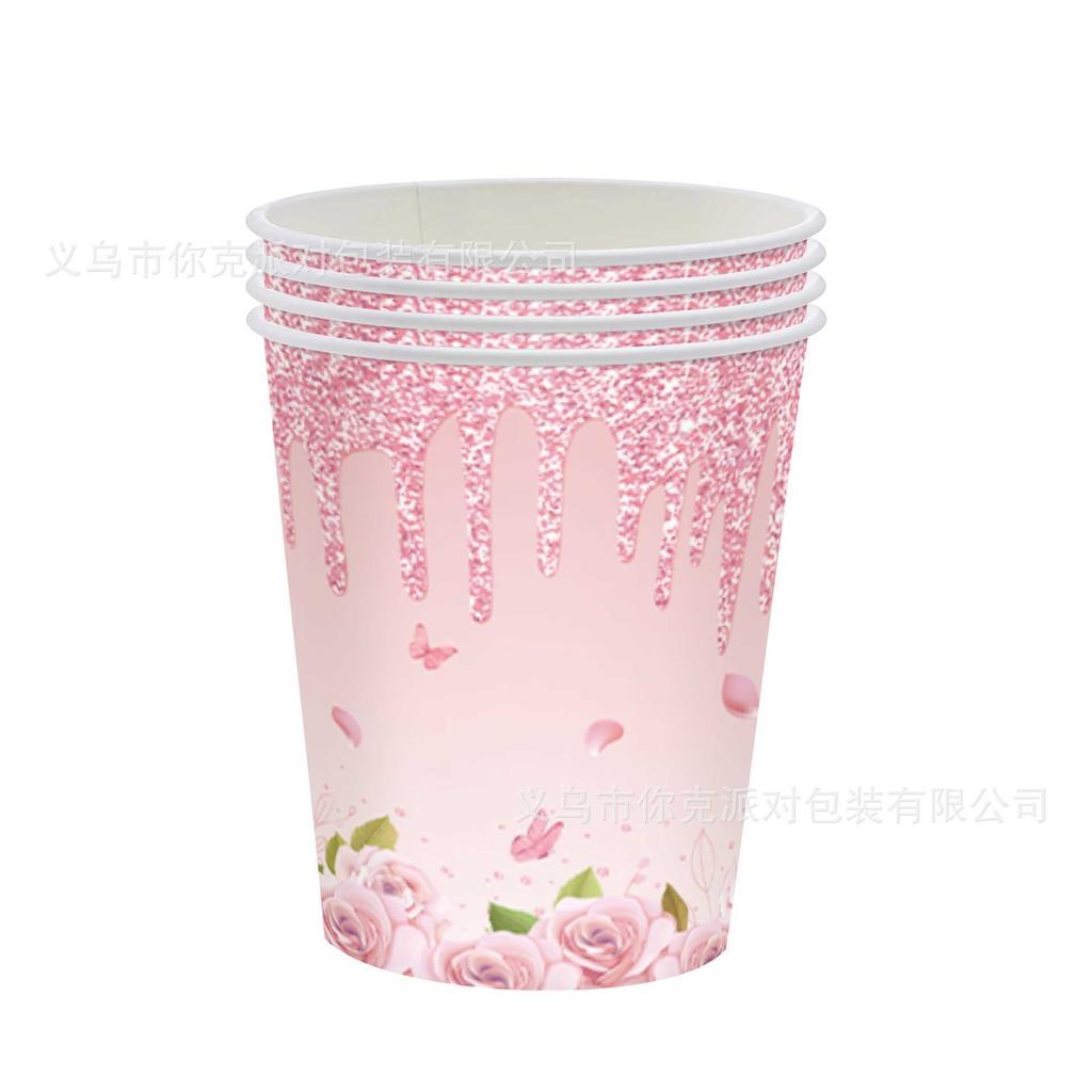 Elegant Pink Diamond Flower Disposable Tableware Set Wedding Birthday Party Plates Cups Decor