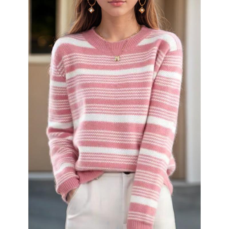 Tooxika Women's Clothing 2024 Autumn And Winter New Contrast Color Striped Pullover Sweater Top Round Neck Contrast Color Sweater For Women