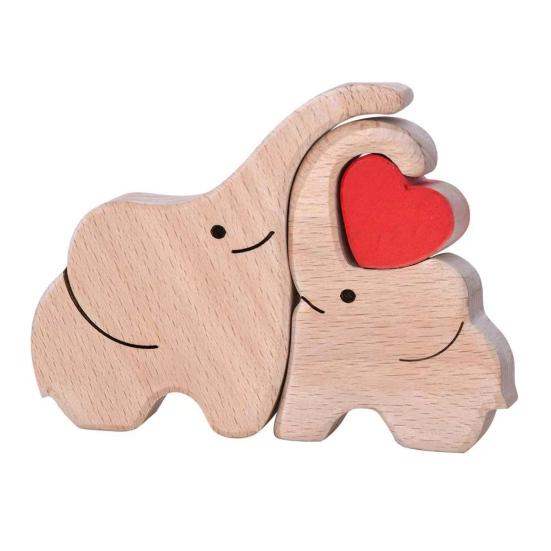 Wooden Elephant Family Puzzle Ornament Love Heart Mother Father Baby