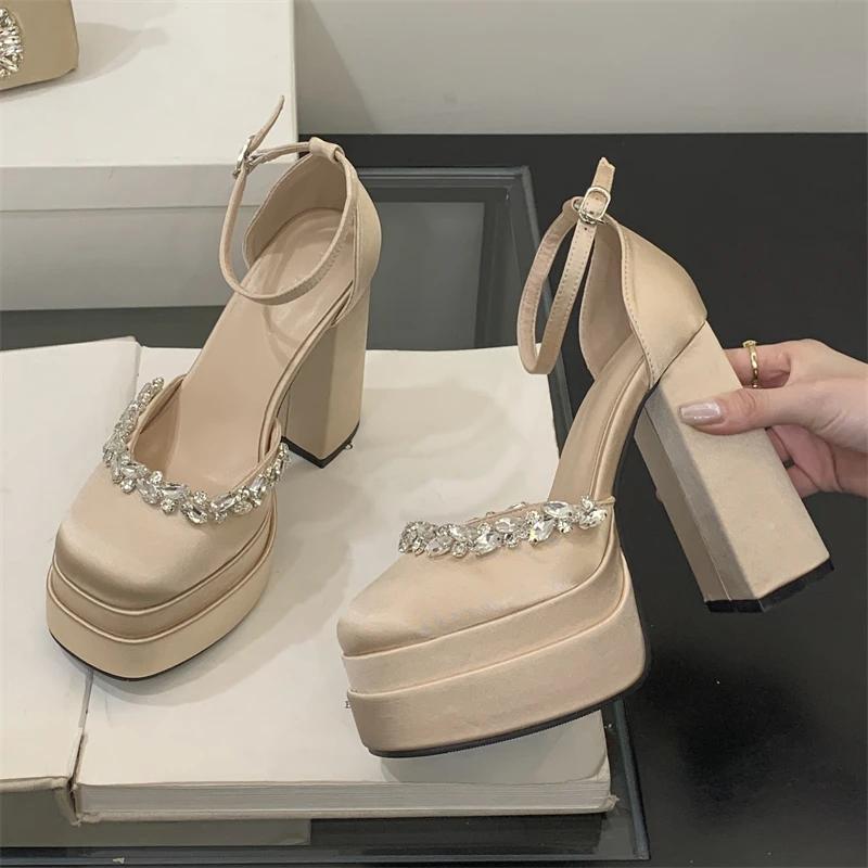 Eilyken Fashion CRYSTAL Diamonds Round Toe Buckle Strap Pumps Women Platform Chunky Heels Banquet Ladies Shoes