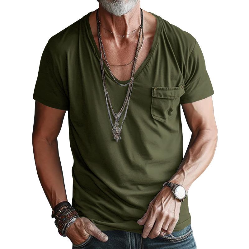Men's Pocket T-shirt Clothing V-neck Solid Color Plus-size Casual Short-sleeved T-shirt