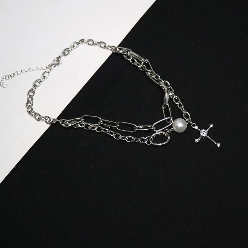 Tooxika Diamonds Cross Double Stacked Band Necklace Women Cold Wind Necklace Fashion Collarbone Chain