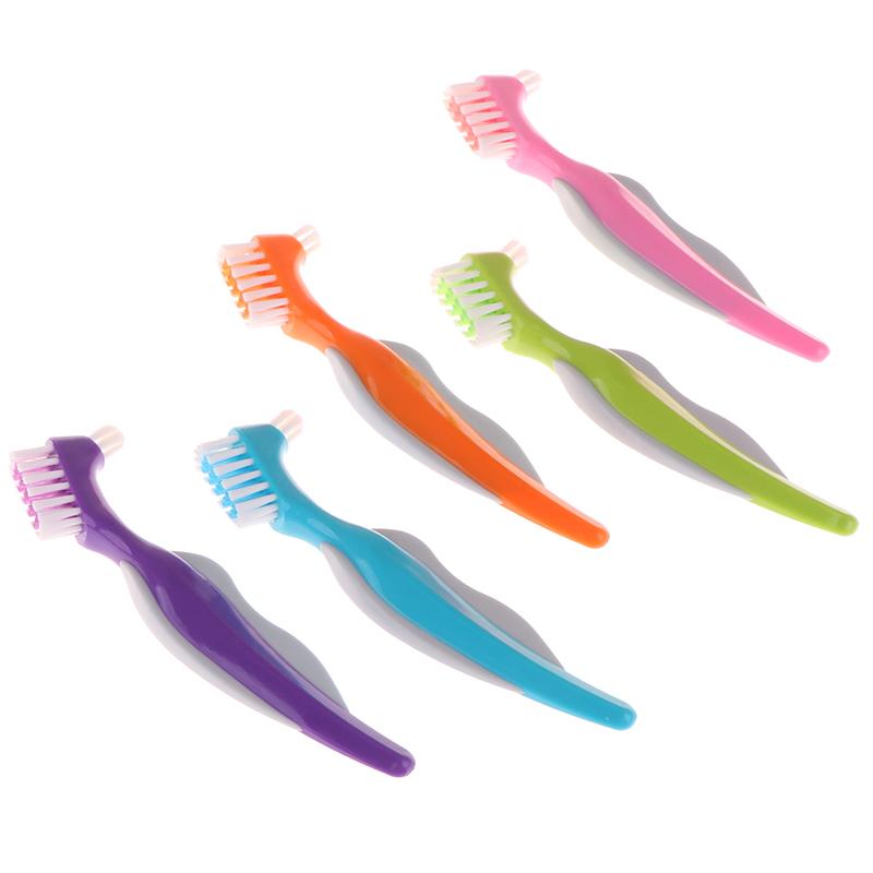 Multi-Layered Bristles Denture Cleaning False Teeth Brush Oral Care Non-Slip Ergonomic Rubber Handle Dual Heads Antibacterial