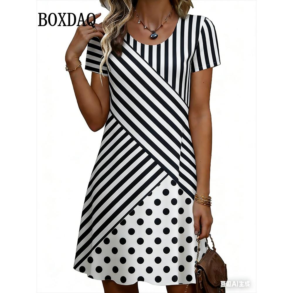 2026 Summer New Women s Dresses 3D Striped Polka Dot Simple Printed Short Sleeve Dress Casual Fashion Plus Size Woman s Clothing S