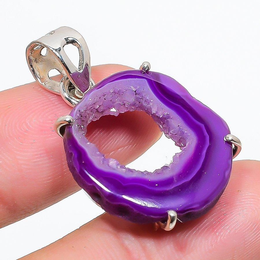 Natural Purple Druzy Quartz 925 Solid Sterling Silver Jewelry Pendant 1.50" w4W02