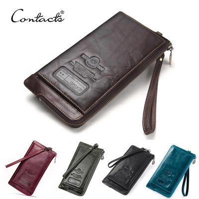 CONTACT'S-portefeuille en cuir véritable RFID pour hommes, Long porte-monnaie pour hommes, pochette, porte-cartes