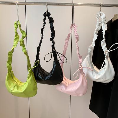 Korean Niche Design Drawstring Pleated Soft Leather Solid Color Fashionable Large Capacity Underarm Dumplings