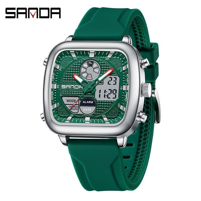 SANDA Retro Square Double Display Electronic Watch Night Light Waterproof Business Leisure Men's Watches Sports Silicone Strap Wristwatch