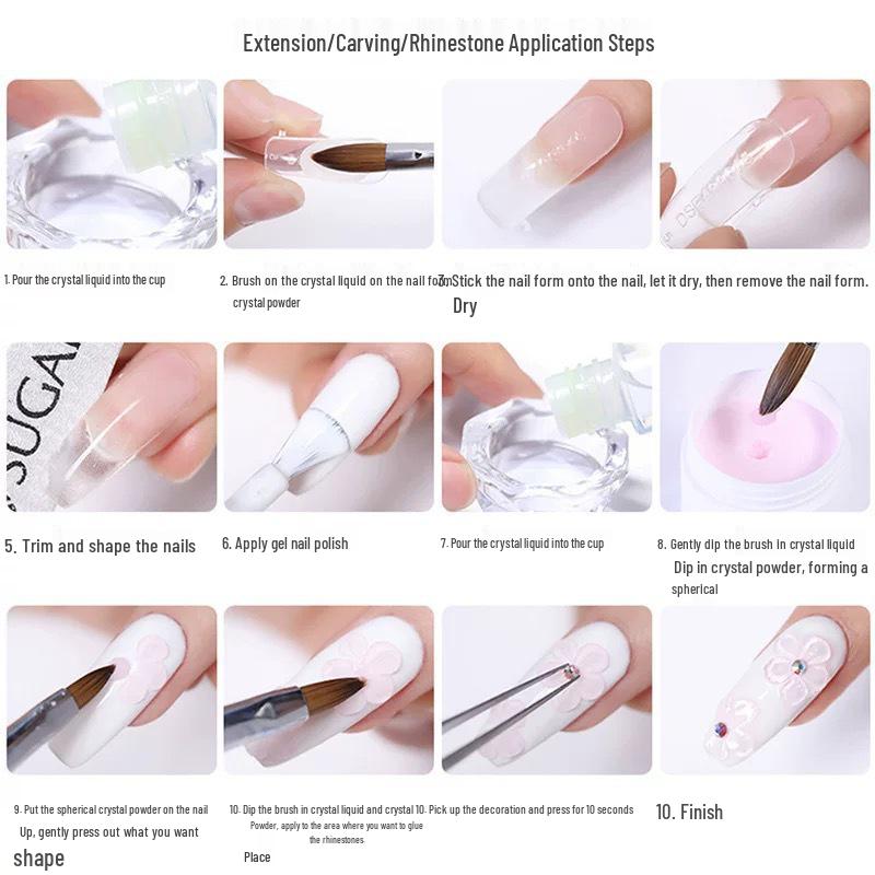 Nail Art Crystal Powder Set: White, Pink, Transparent – Carved Flower & Extension Gel for Nails