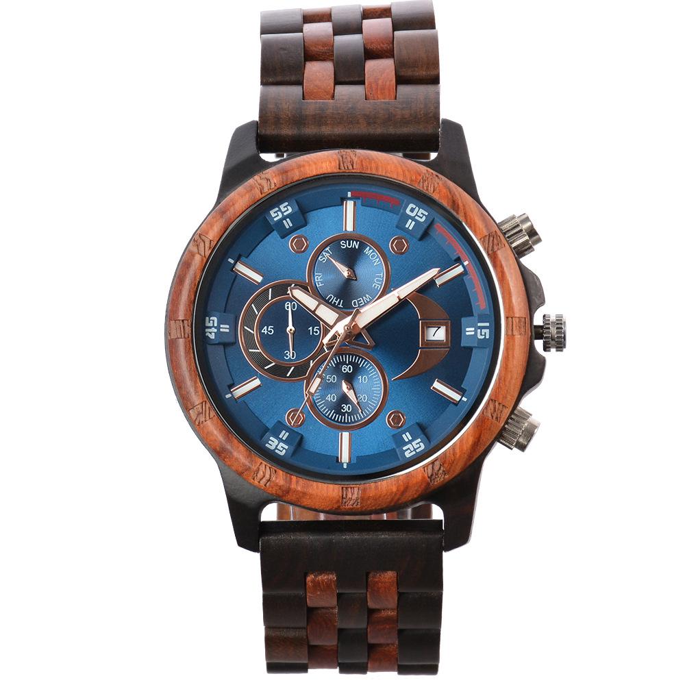 Men's Quartz Wooden Watch with Luminous Multifunctional Large Dial