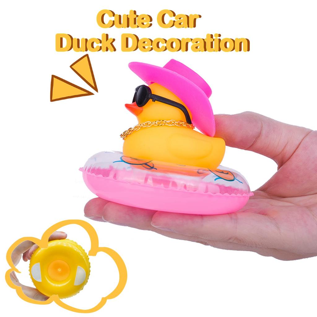 Car Duck Car Rubber Dashboard Decorations Ornament Yellow Rubber Duck with Mini Swim Ring Sun Cowboy Hat Necklace