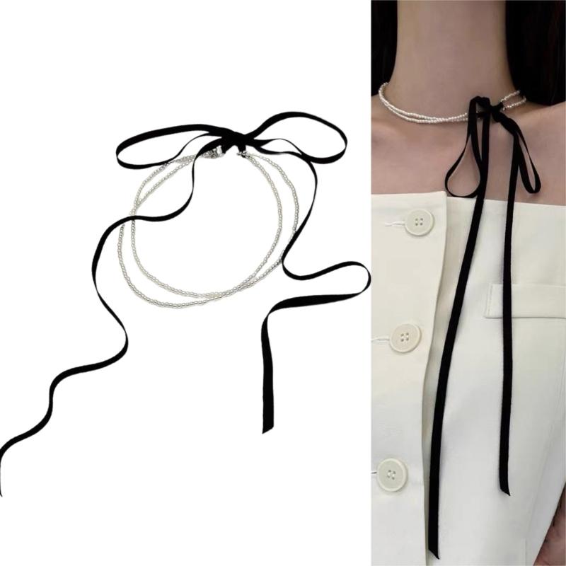 Chic Ribbon Necklace Pendant Necklace Double Layer Necklace Modern Beads Necklace Fashion Neck Jewelry for Fashion Look