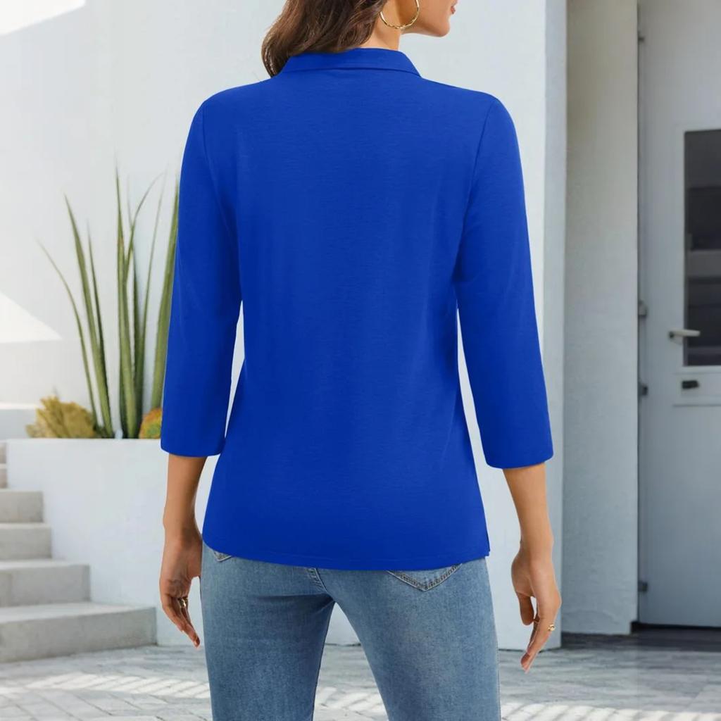 Women's Fashion Casual Lapel Short 3/4 Sleeve Color Shirt Women's Up Tops