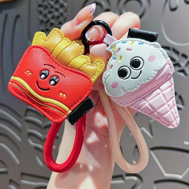 Mignonnes Frites Thés au Lait Porte-clés en Cuir PU Breloque de Sac Pour Couples Accessoire de Mode Pratique Fermoir Métallique Sécurisé