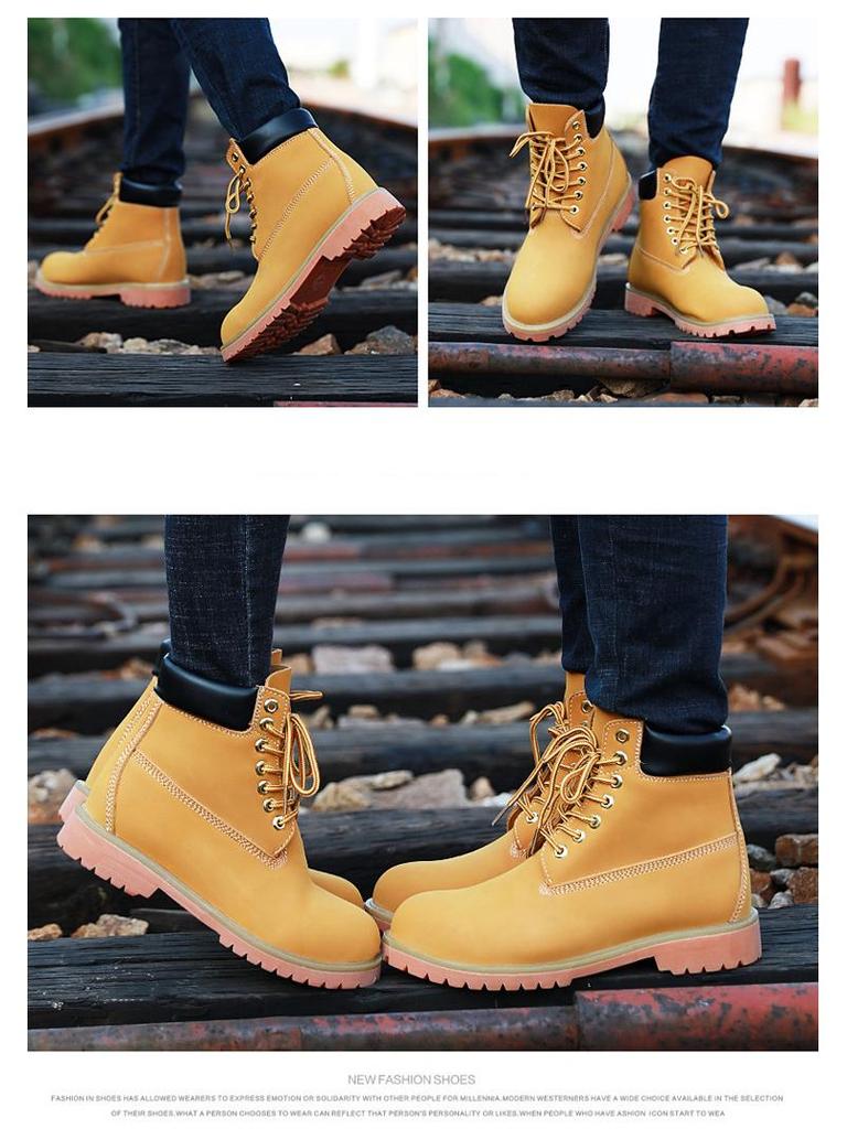 Męskie Żółte Zimowe Plus Aksamitne Martensy - Średniej Wysokości, Wysokie, w Stylu Brytyjskim, Ciepła Bawełna, Duży Rozmiar