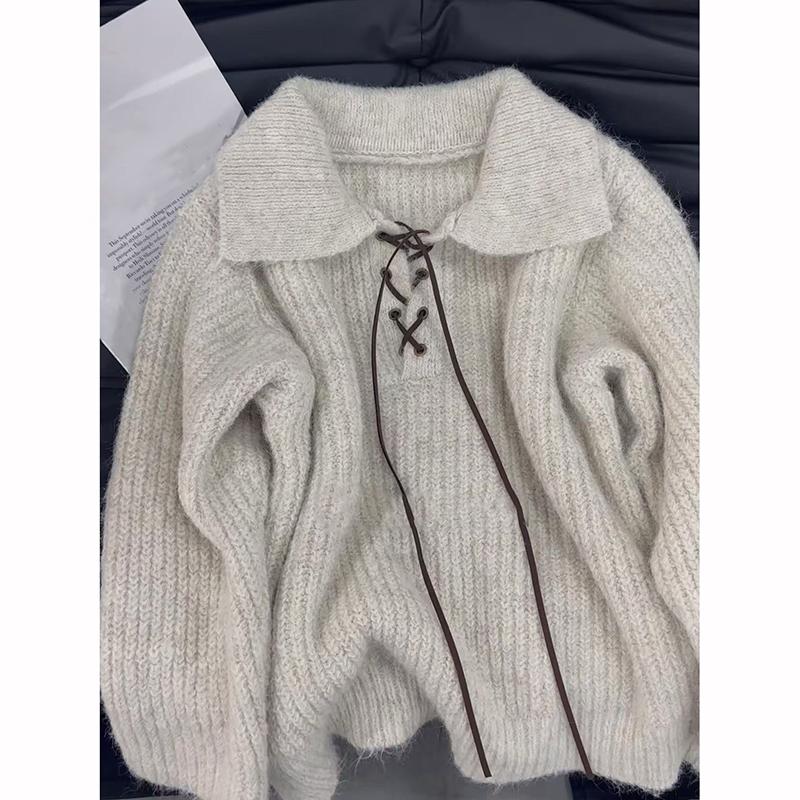 Vintage Sweater Women Harajuku Lace Up Knitted Pullovers Streetwear Korean Knitwears Winter Long Sleeve Casual Jumpers