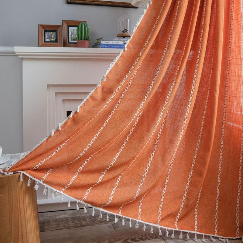 Curtain Half Blackout Cotton Linen Stripe Embroidery Orange Tassel American Curtain for Bedroom Bay Window Curtain Finished